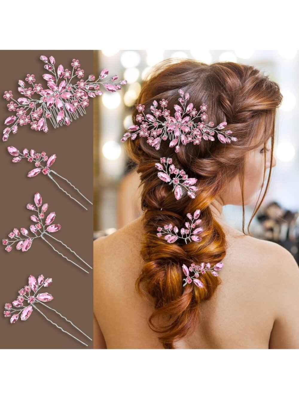 Women's Pink Rhinestone Copper Bridal Headpiece Floral SOLID Hair Clips